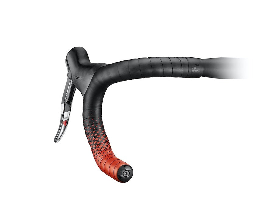 Road bike handlebar with black and red bar tape against a white background