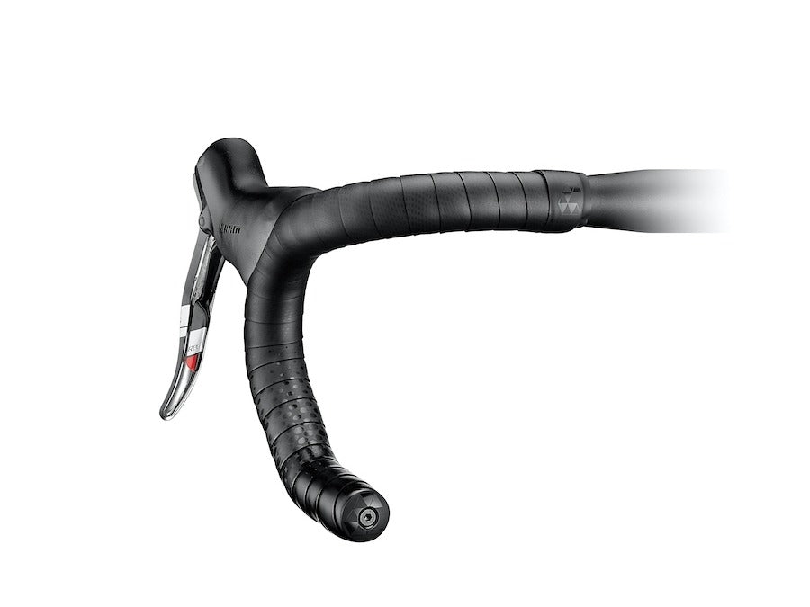 Road bike handlebar with black bar tape against a white background