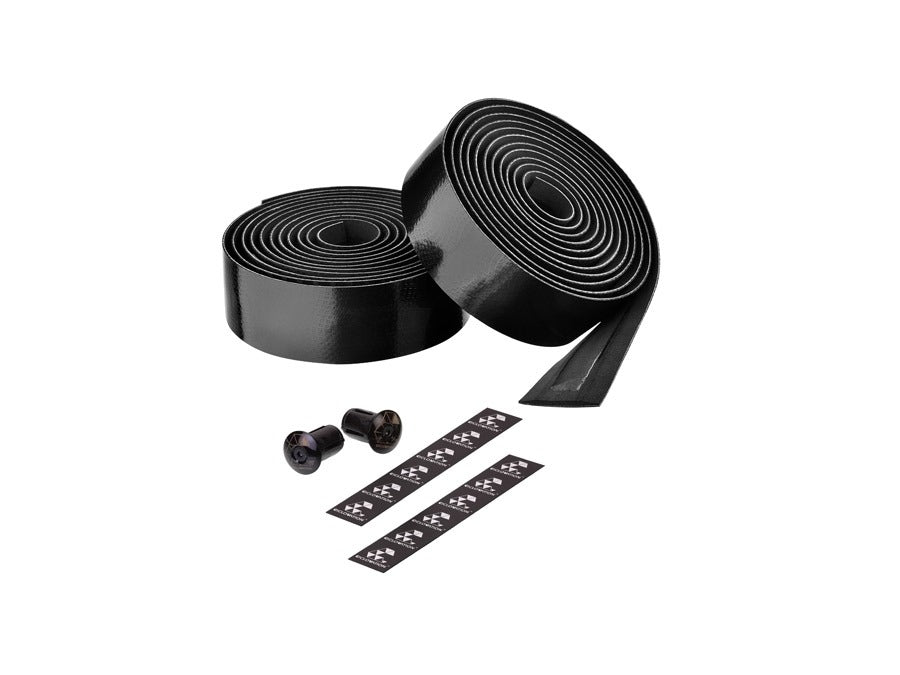 Two rolls of black road bike bar tape against a white background
