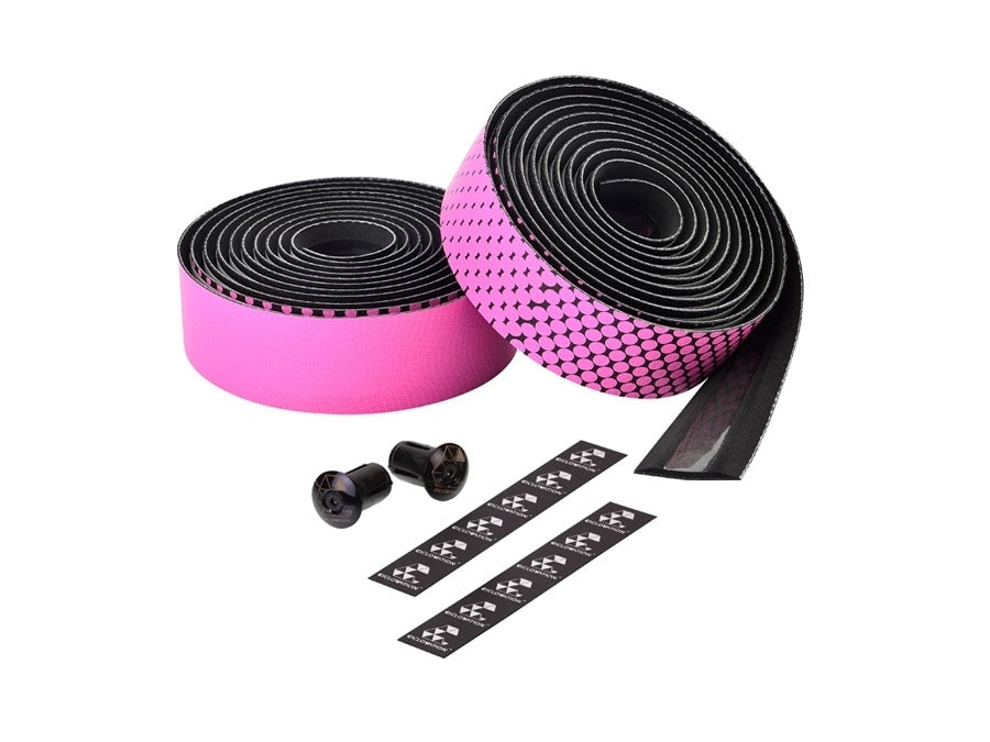 Two rolls of pink and black road bike bar tape against a white background