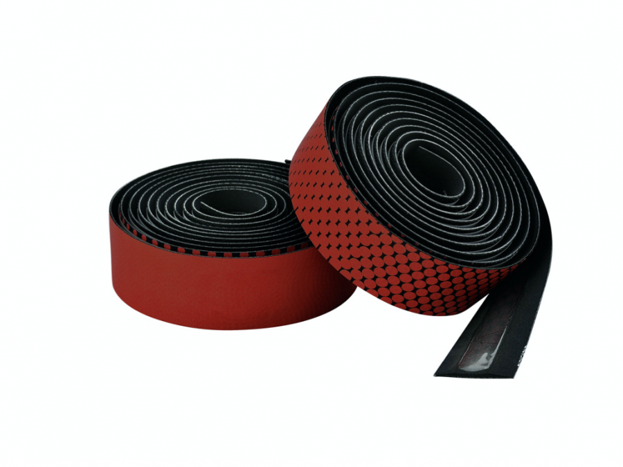 Two rolls of red and black road bike tape against a white background