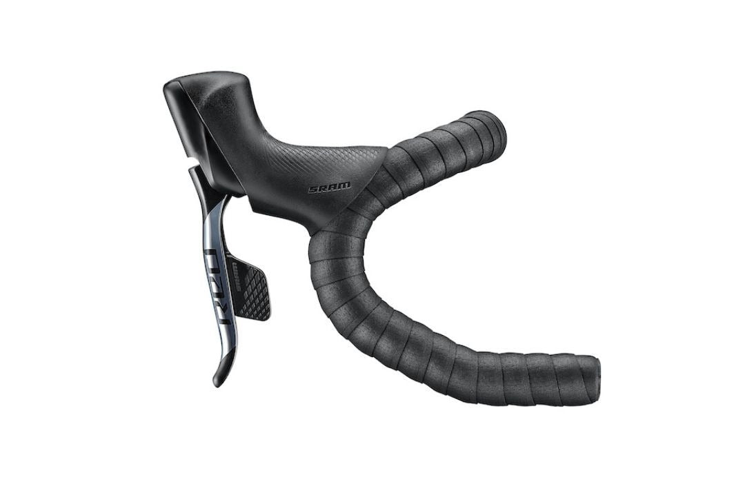 Black road bike handlebar grip with brake lever on a white background