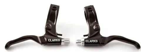 A pair of black bicycle brake levers with silver metal mounting hardware, branded with 'CLARKS' in white text, shown against a plain white background.