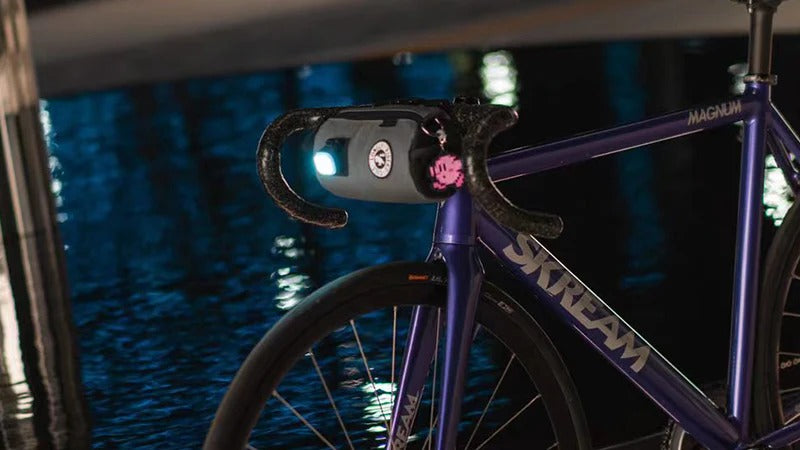 A purple bike fitted with a handlebar bag against a backdrop of water