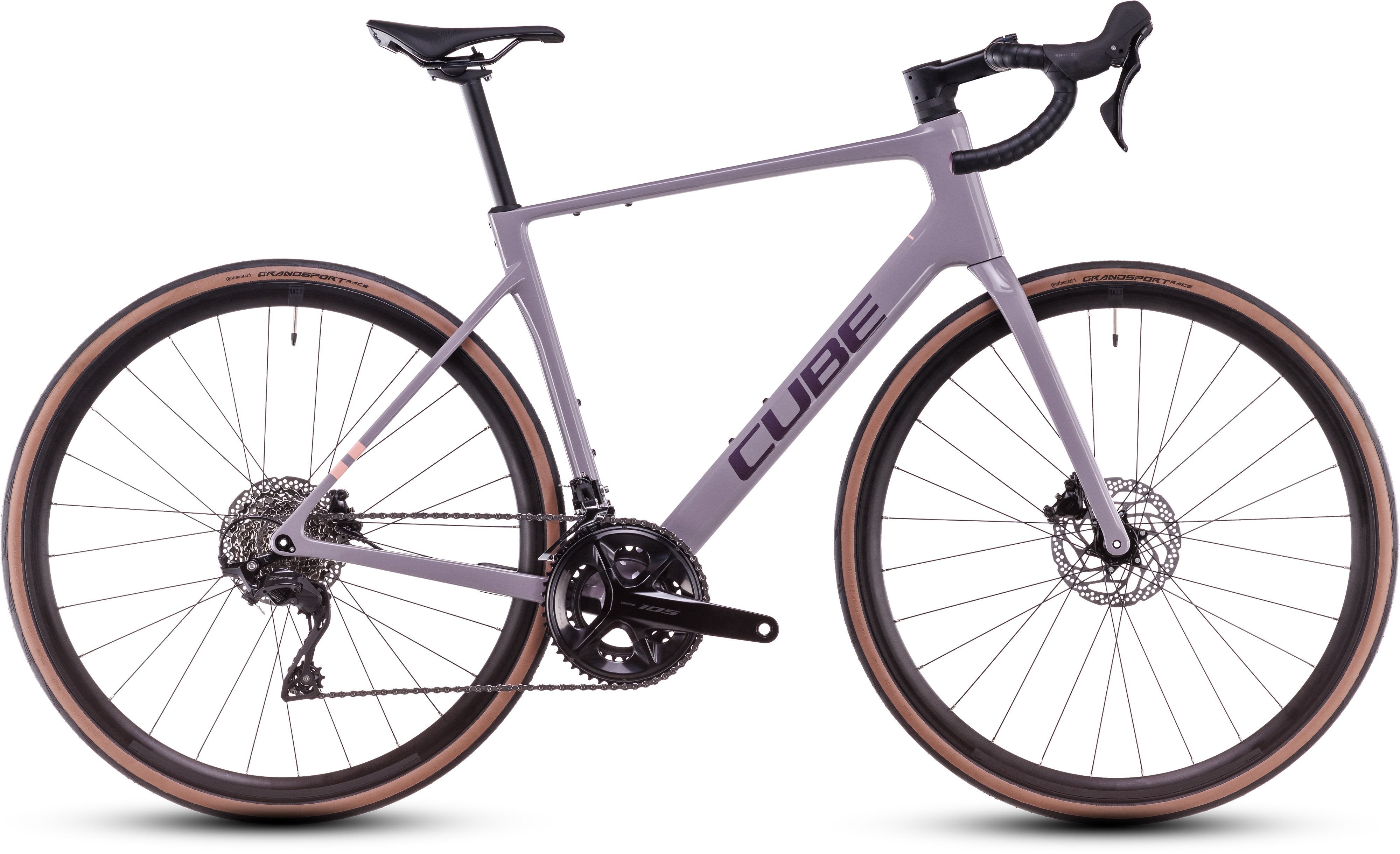 Light plum bicycle with brown tyres on a white background