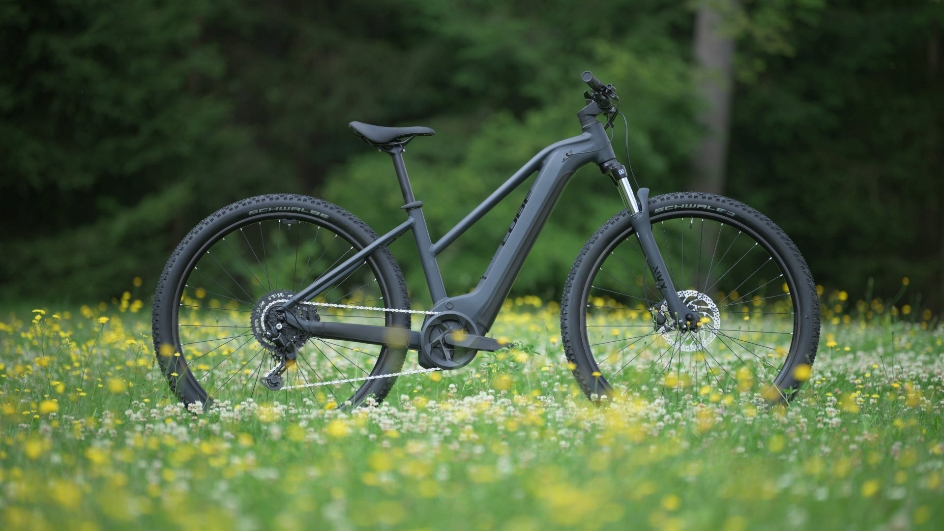A picture of the Cube Reaction Hybrid Perfomance 625 Electric Bike in a meadow