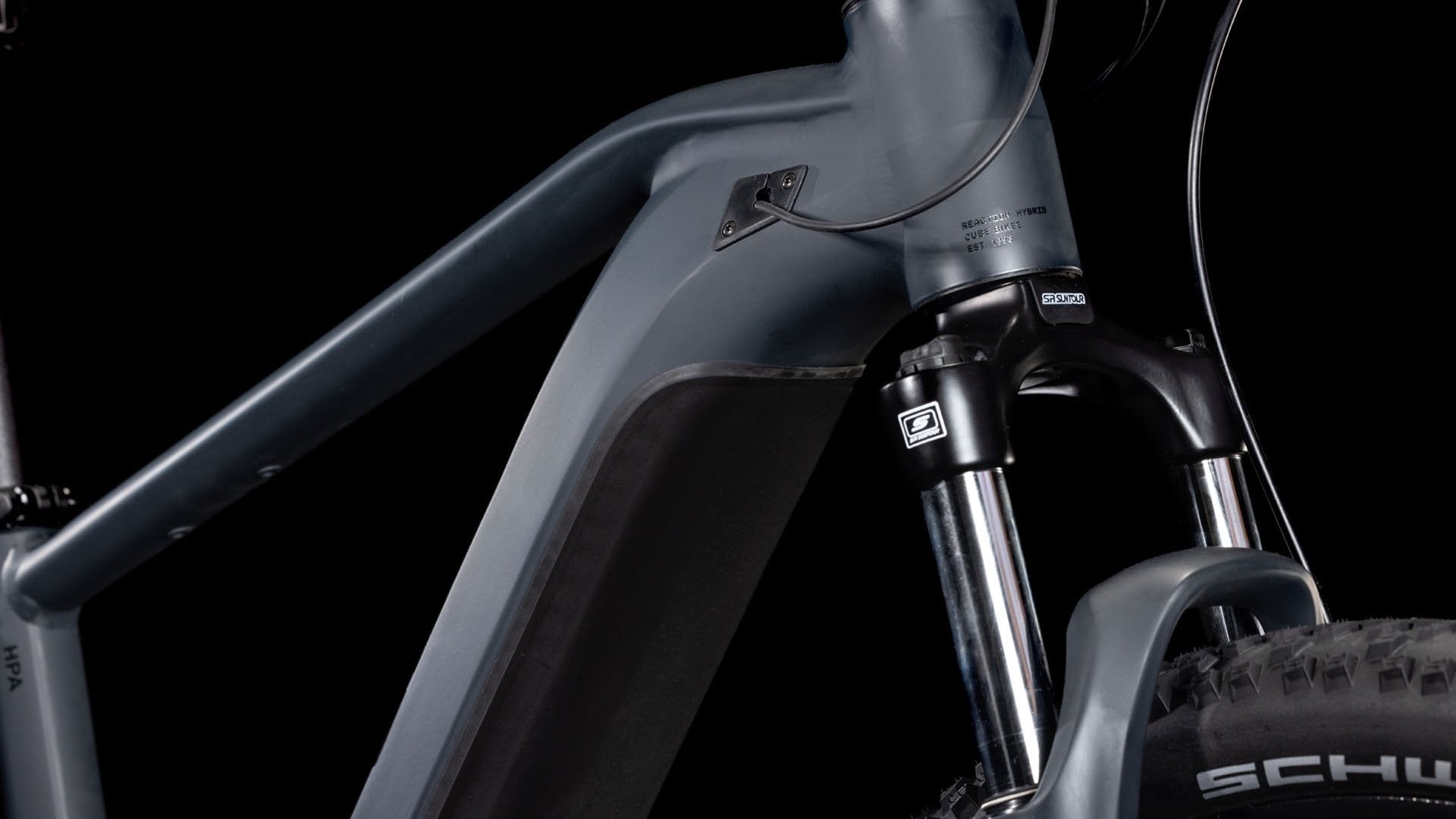 A picture of the front fork on the Cube Reaction Hybrid Performance 500 Electric Hardtail Bike