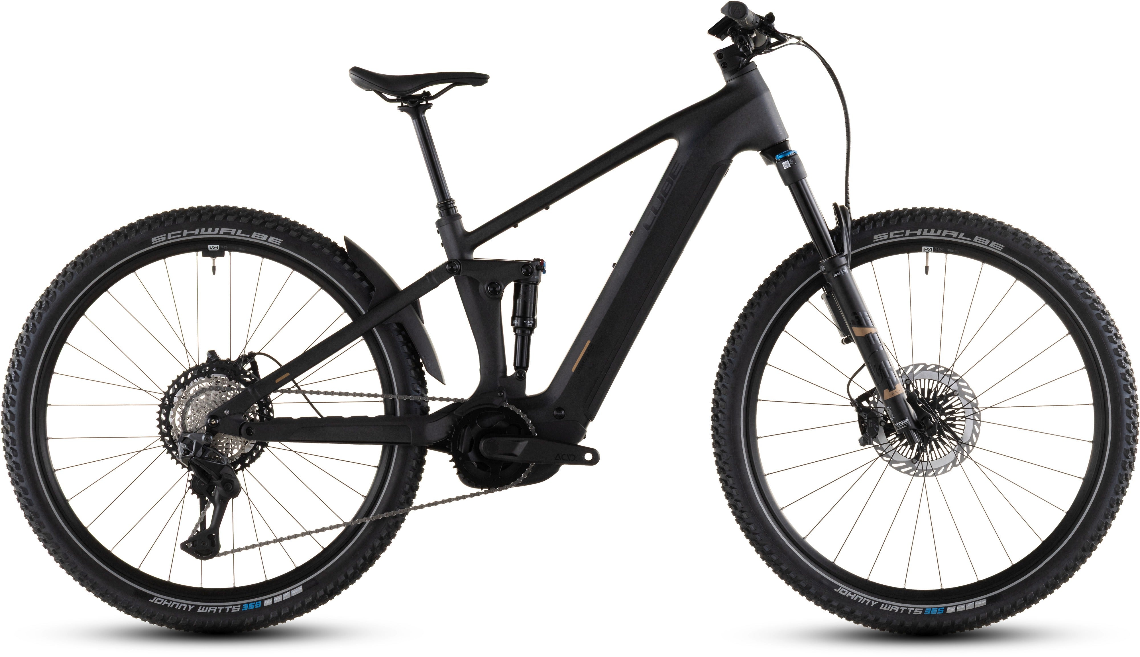 Black electric dual suspension mountain bike on a white background