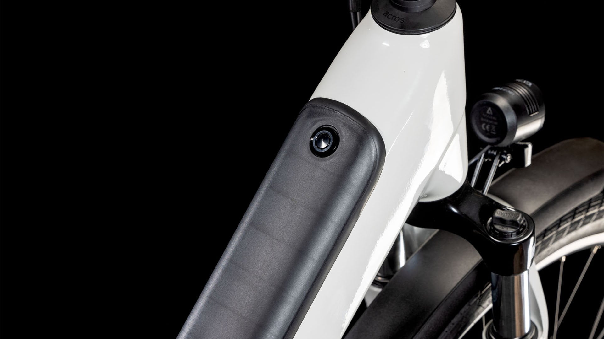 A close up picture of the battery on the Cube Touring Hybrid One 500 Easy Entry Electric Bike Grey Black