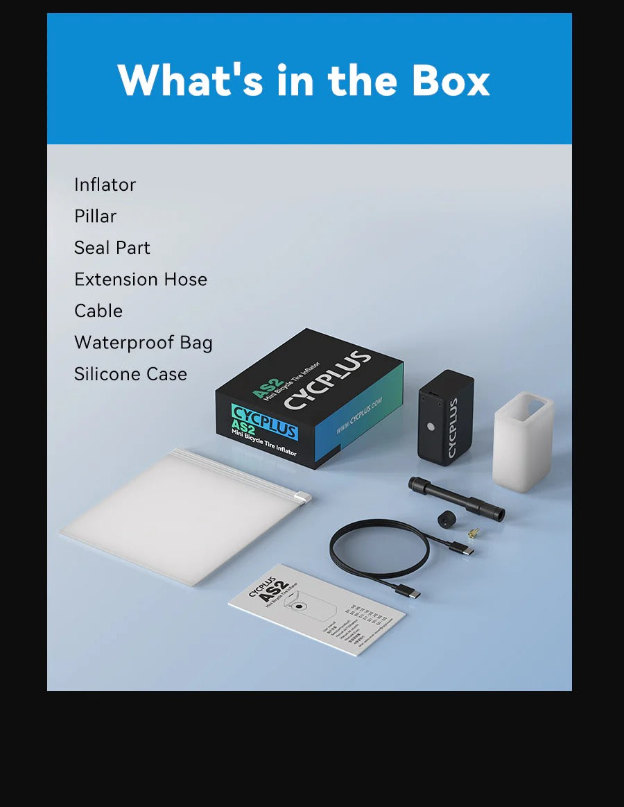 A picture of a mini bike pump compressor and what is included in the box