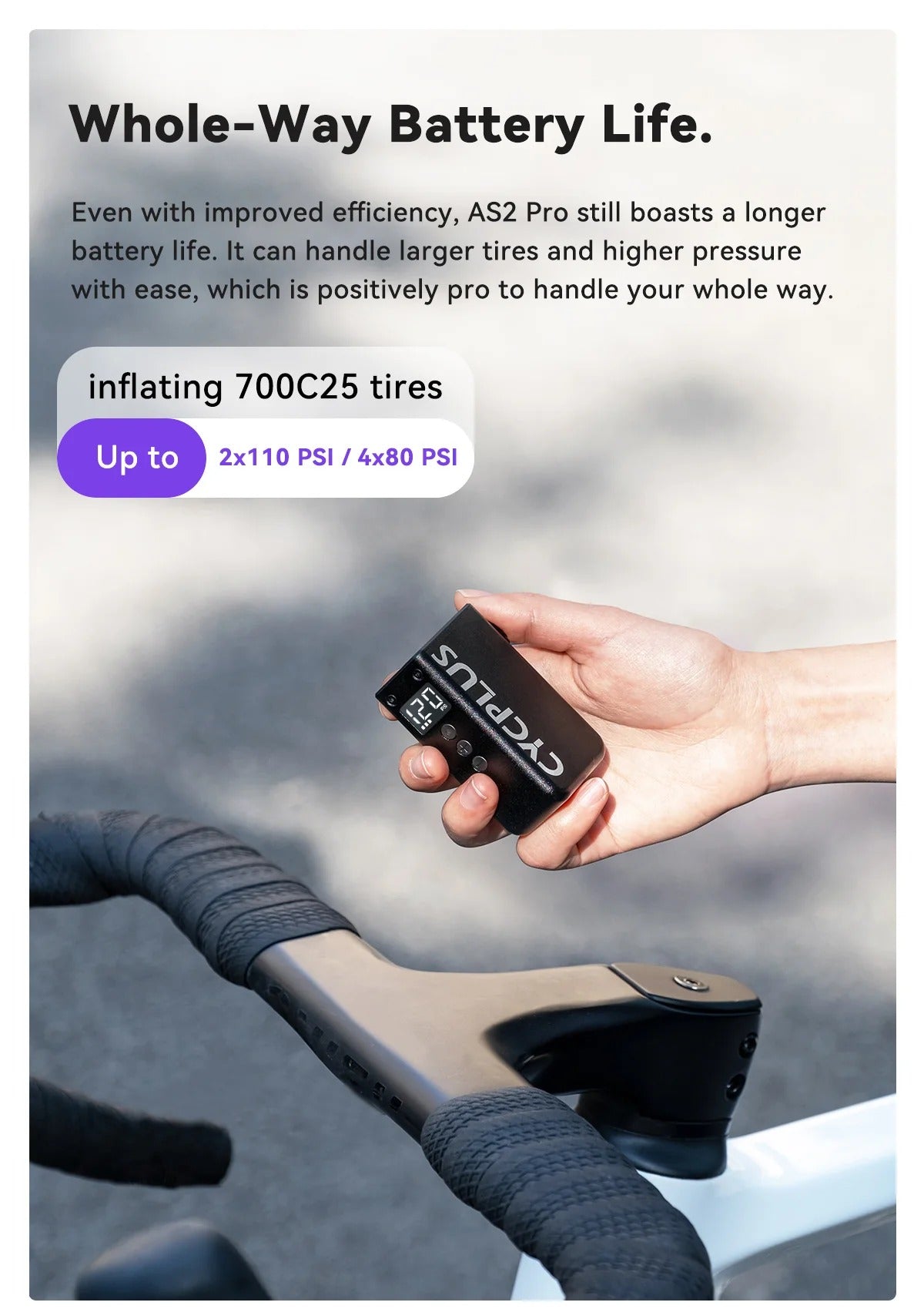 Hand holding a digital bike pump with text about battery life and tyre inflating capabilities.