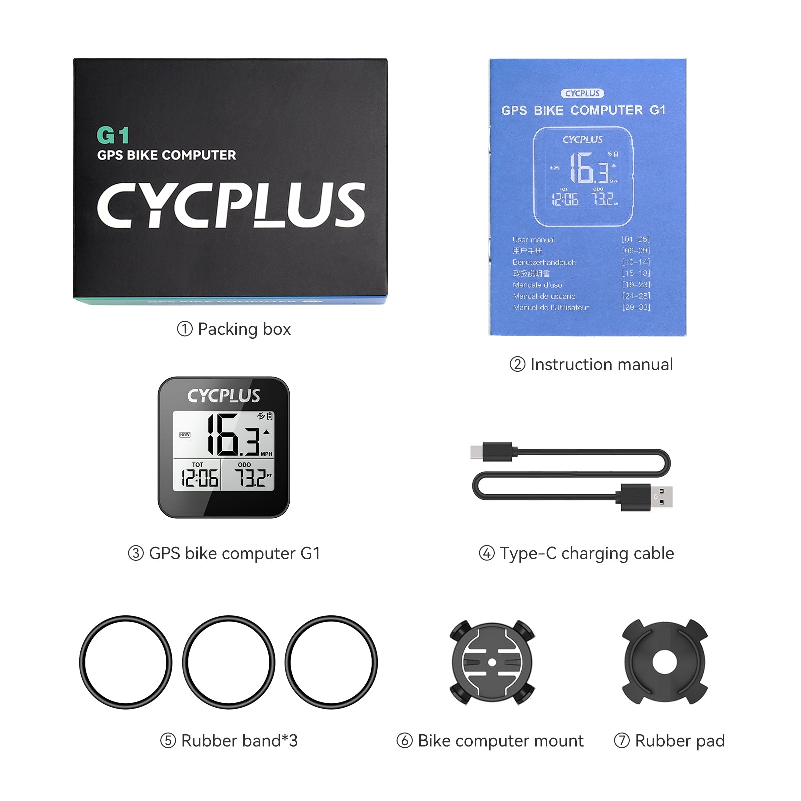 A picture of everything included with the Cycplus G1 GPS Cycling Computer