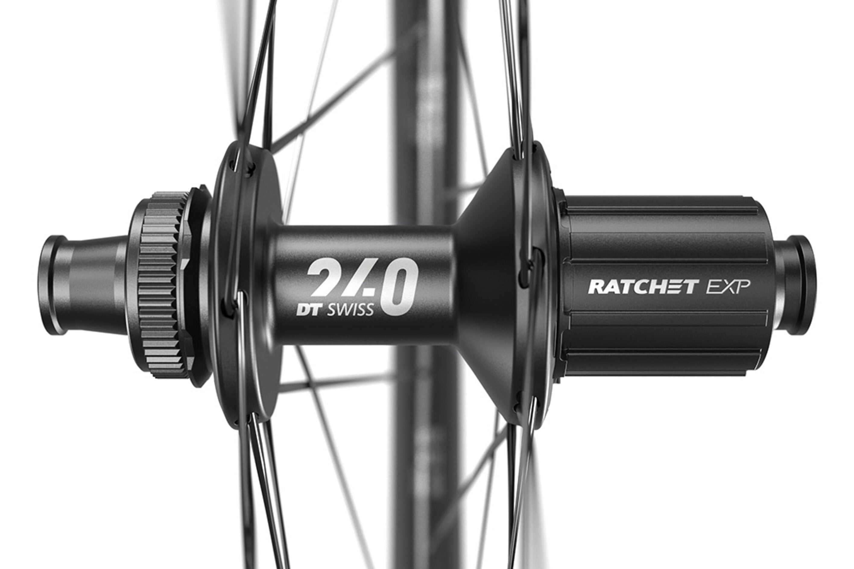 A close up picture of the hub on a DT Swiss rear wheel