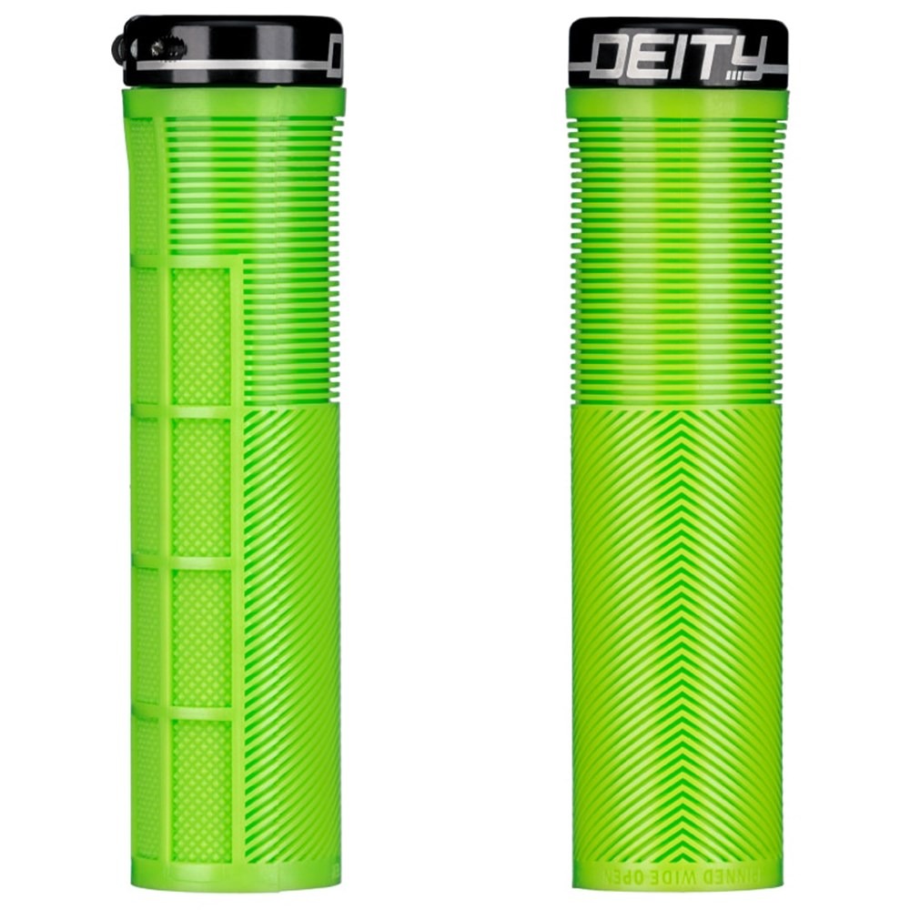 Green Deity Mountain Bike Lock On Grips on a white background