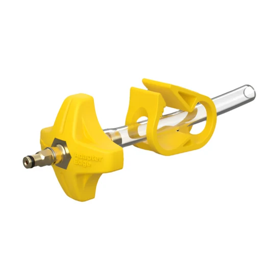 A yellow and silver metal brake bleeding tool with quick-disconnect hose coupler with a brass fitting, shown on a plain white background.