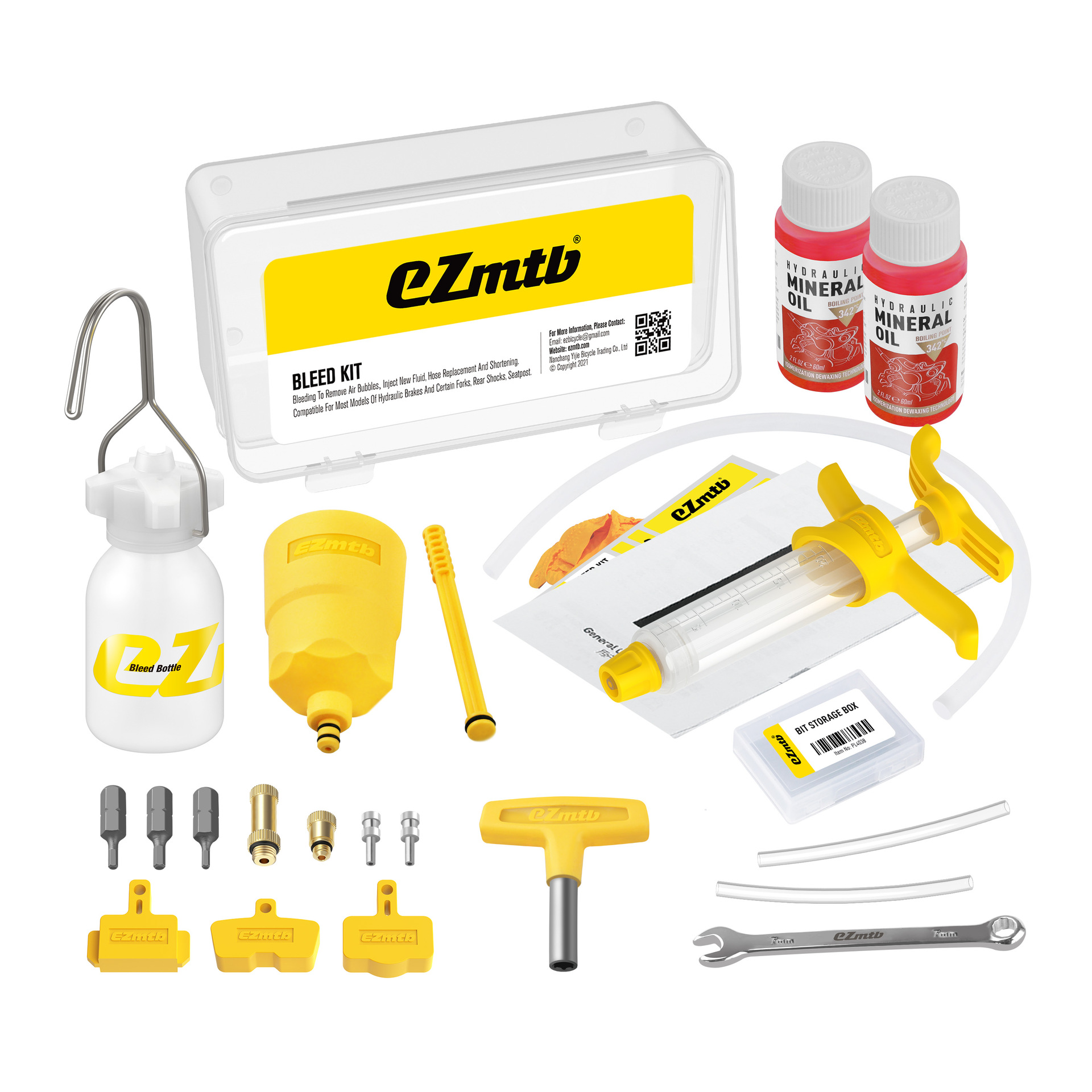 A picture of the EZMTB Shimano Bleed Kit with 2 bottles of 60ml mineral oil