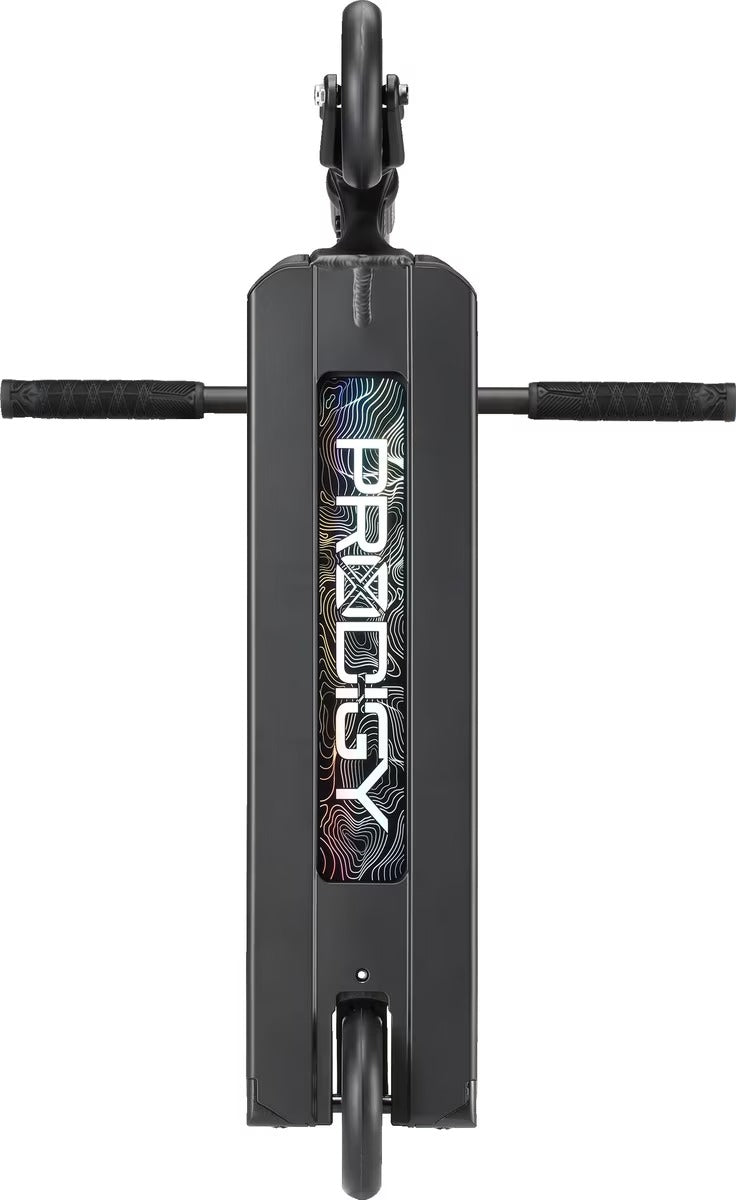 Black scooter frame with 'Prodigy' branding on a white background