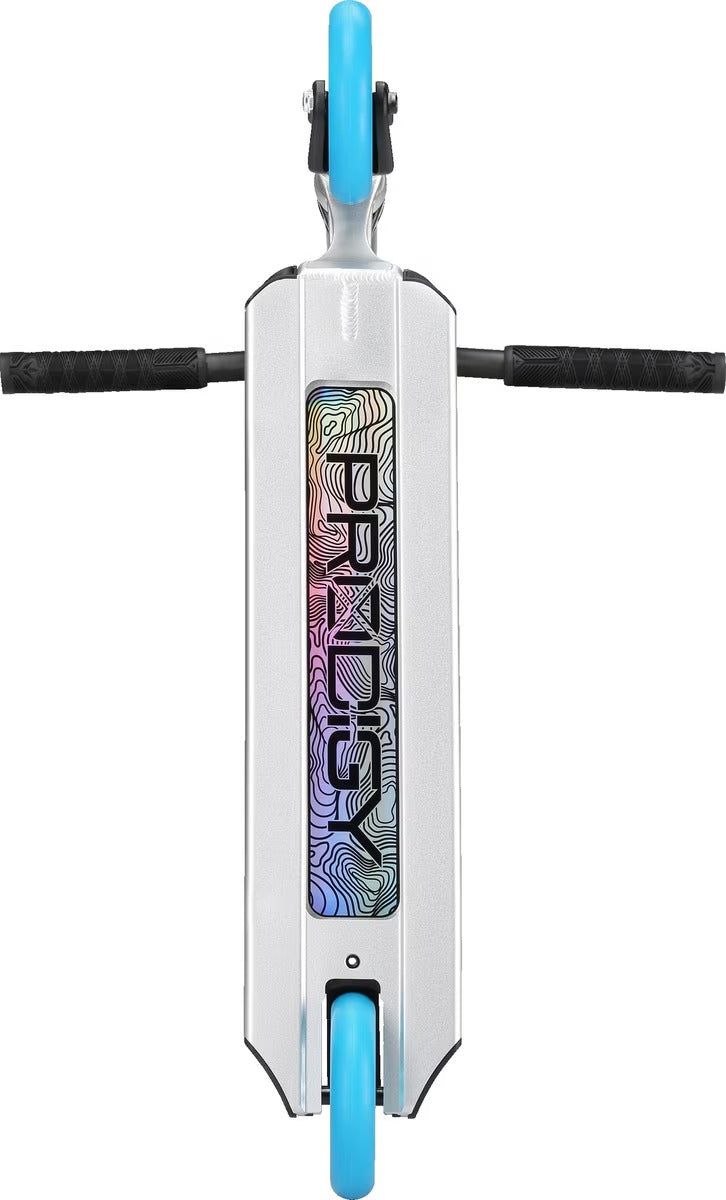 A silver Envy Prodigy X One Scooter showing the underneath of the deck on a white background