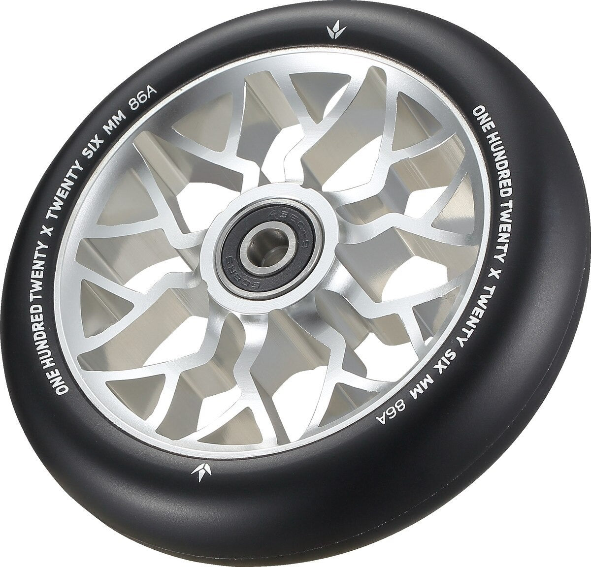 Scooter wheel with black rim and silver spokes on a white background