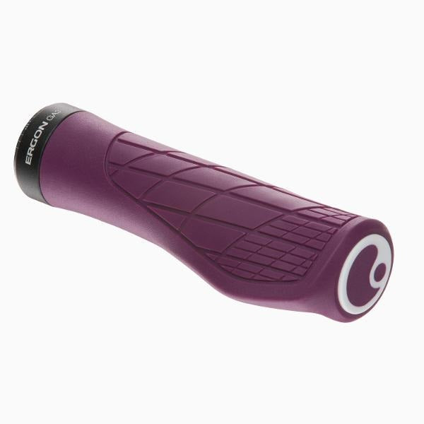 Purple bicycle handlebar grip with white logo on a white background