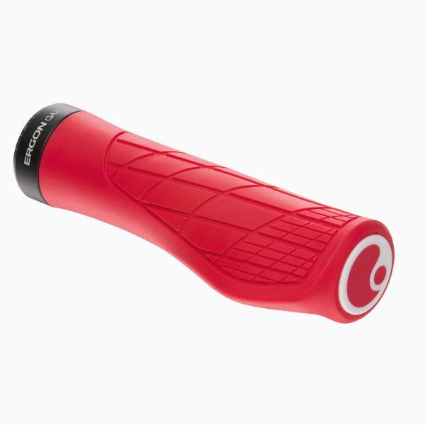 Red bicycle handlebar grip with black end cap on a white background