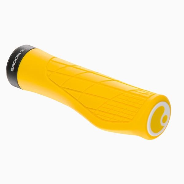 Yellow bicycle handlebar grip with black end cap on a white background