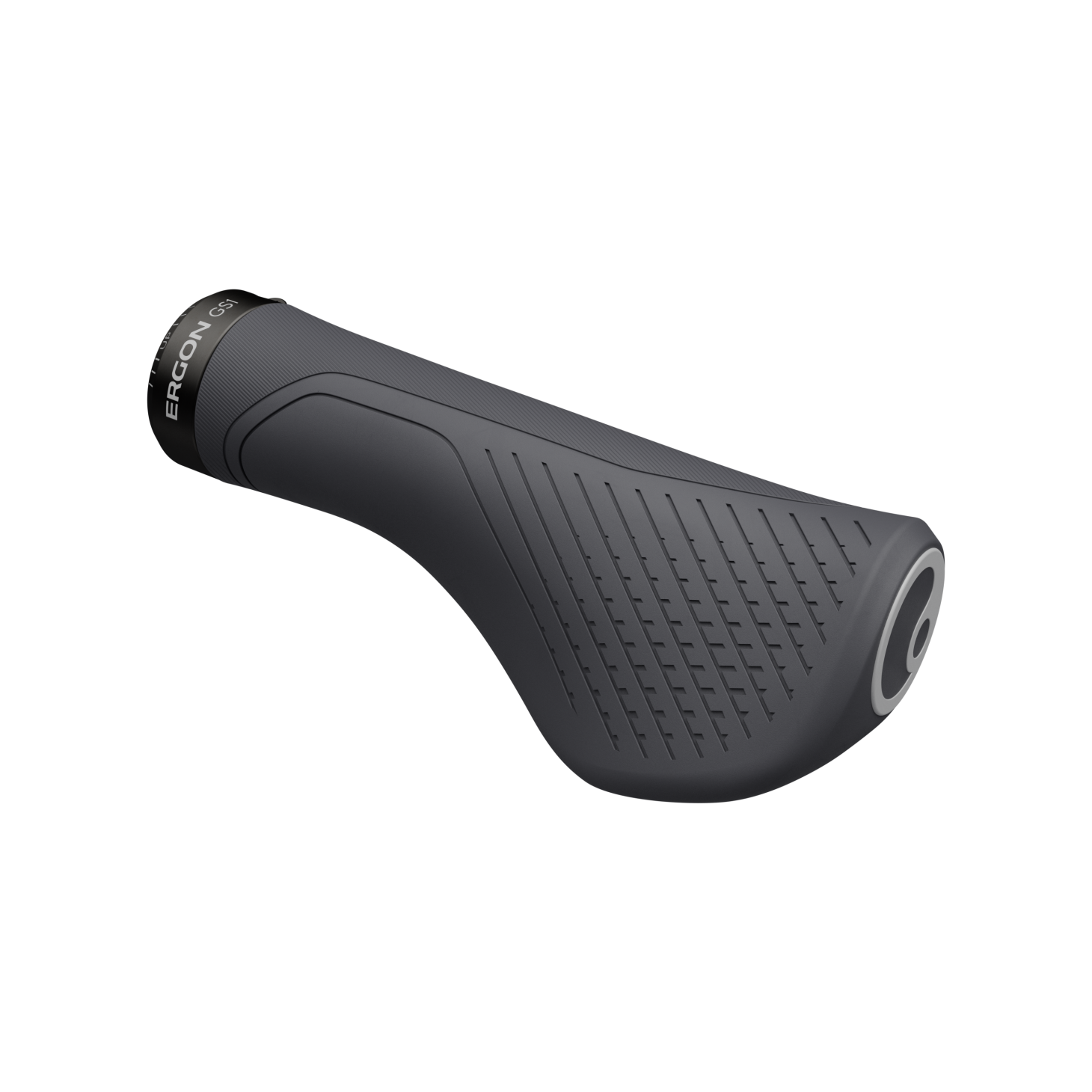Dark grey bicycle handlebar grip with 'Ergon' branding on a white background