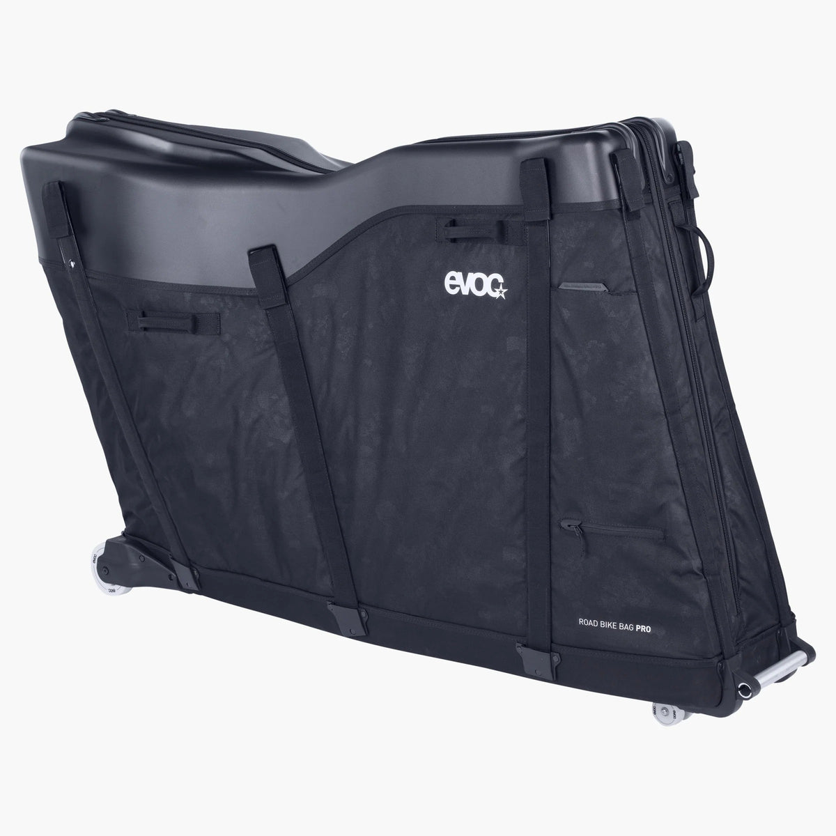 A black EVOC Road Side Bag Pro hardshell and fabric combination carrying case with wheels, shown at an angle on a light gray background.