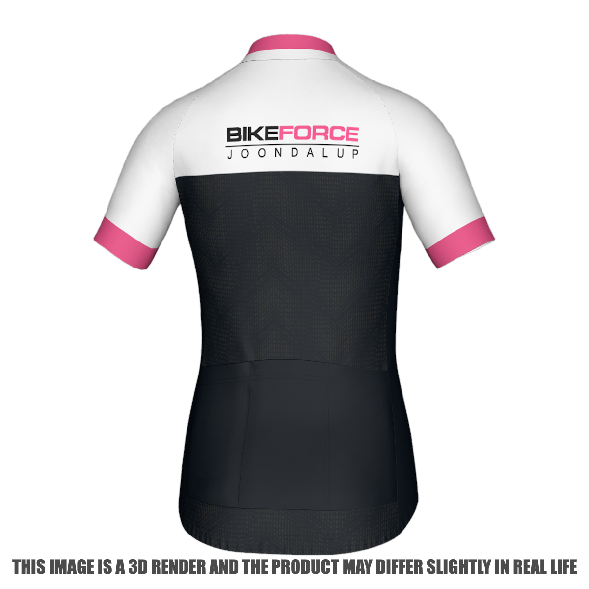 Rear view of a short-sleeve cycling jersey in white and black with pink accents, featuring the text 'BIKEFORCE JOONDAUP' on the upper back. The jersey is shown on a white background with a disclaimer text at the bottom.