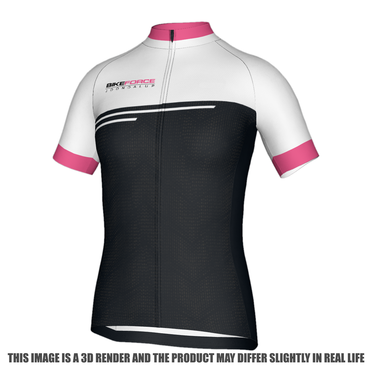 A short-sleeve cycling jersey shown on a white background with a disclaimer text at the bottom. The jersey is white on the upper chest and sleeves, black on the lower torso, and features pink accents on the collar, sleeve cuffs, and a Bike Force JOondalup logo on the left chest.