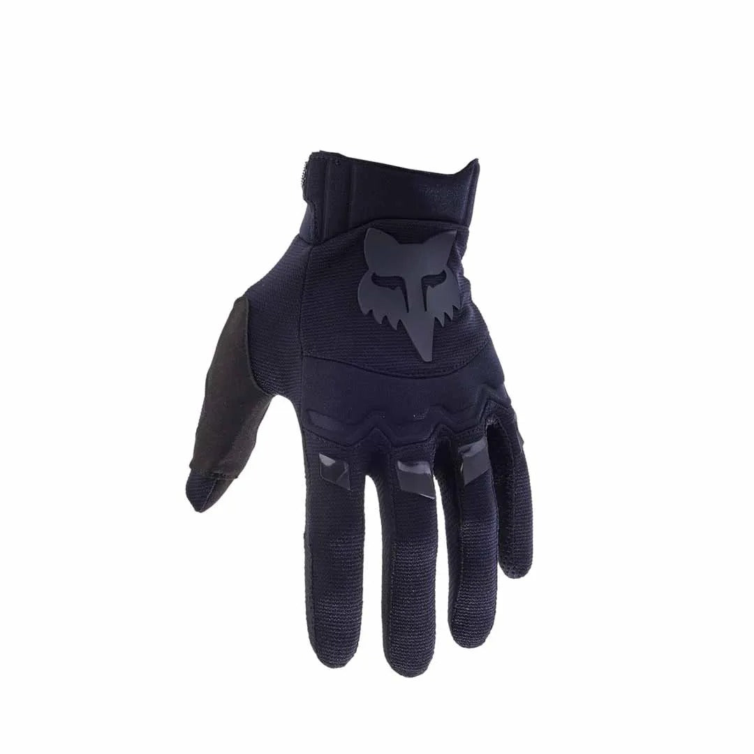 Black mountain bike glove with a FOX logo on a white background