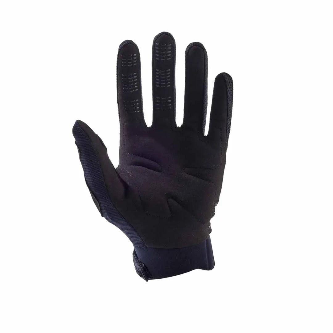 Palm side of a black mountain bike glove on a white background