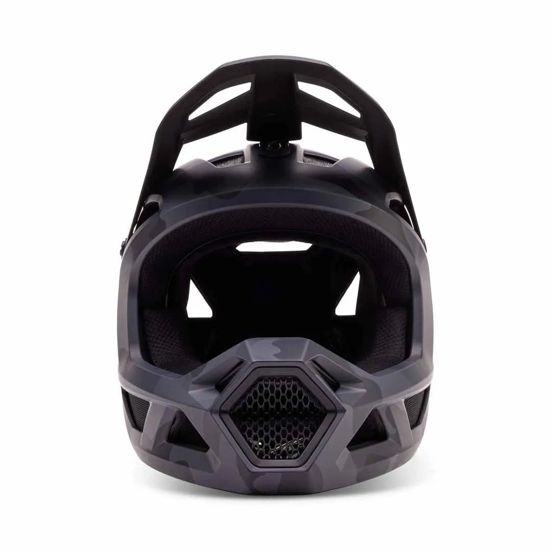 Black Camo Fox Full Face Mountain Bike Helmet on a white background