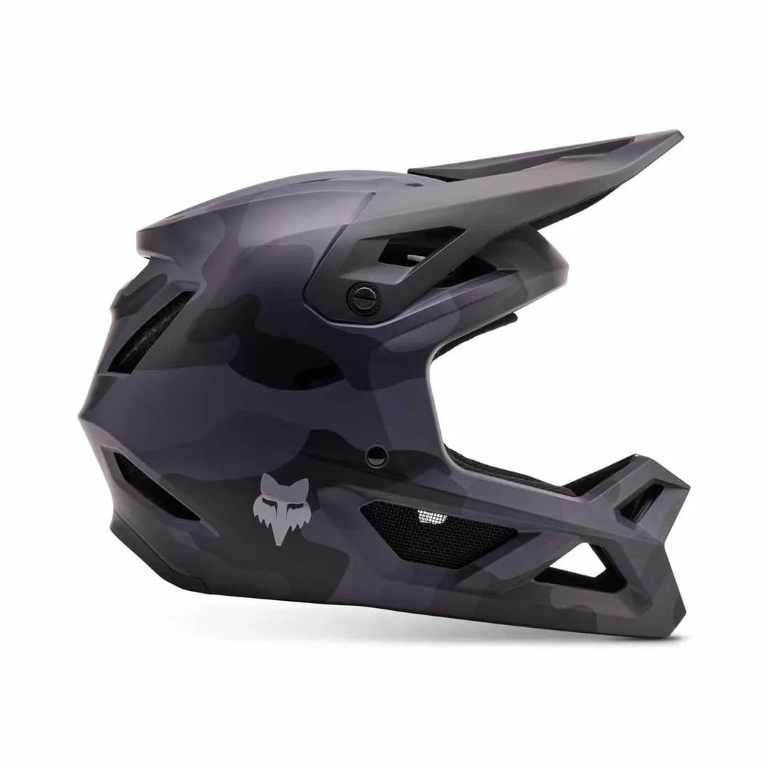 Black Camo Fox Full Face Mountain Bike Helmet on a white background