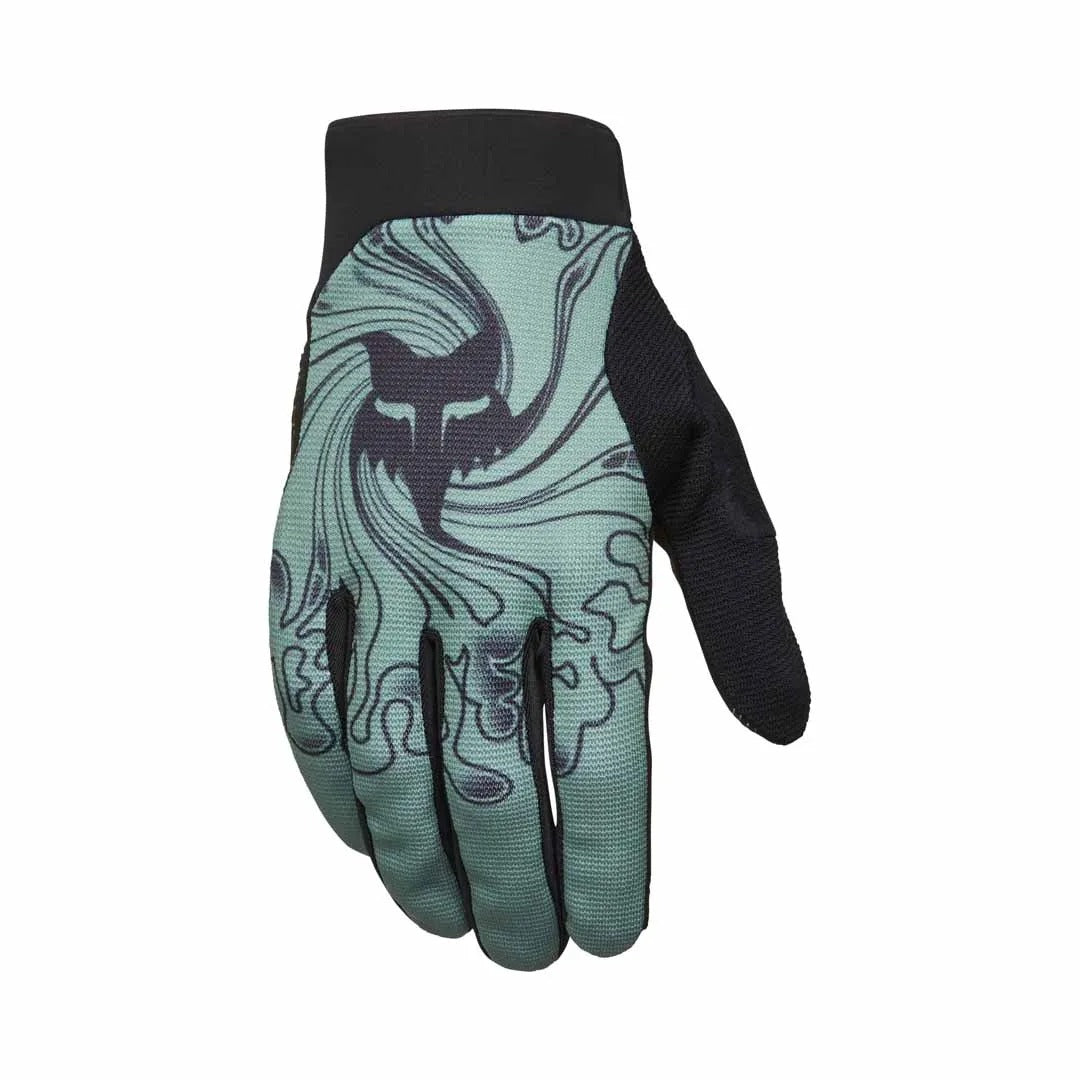 Green and black mountain bike glove with a FOX logo on a white background
