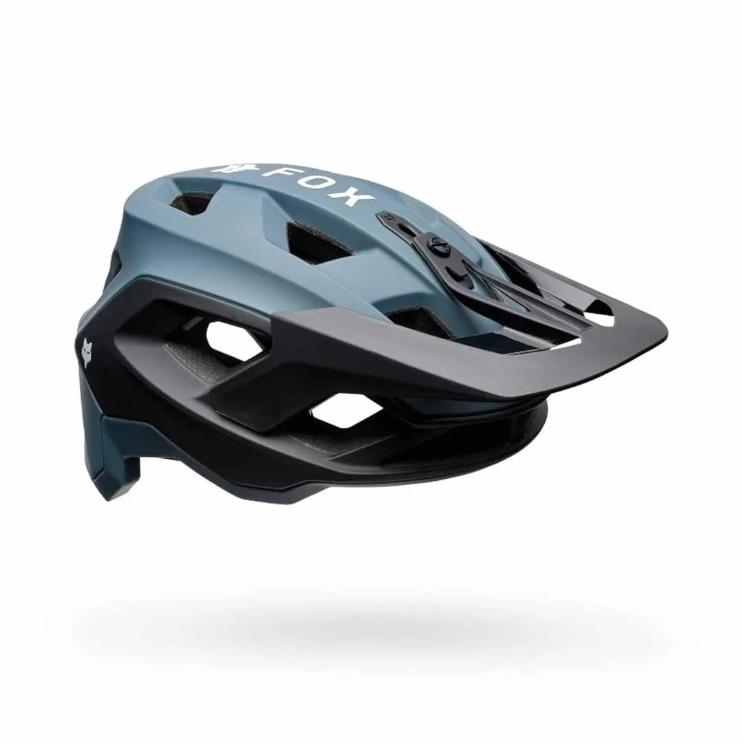Blue and black helmet with 'FOX' branding on a white background