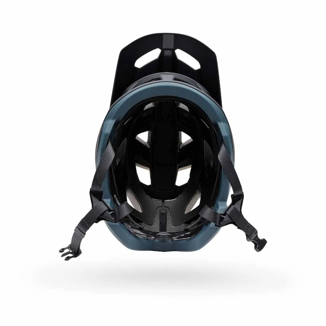 Inside view of a black and blue helmet on a white background