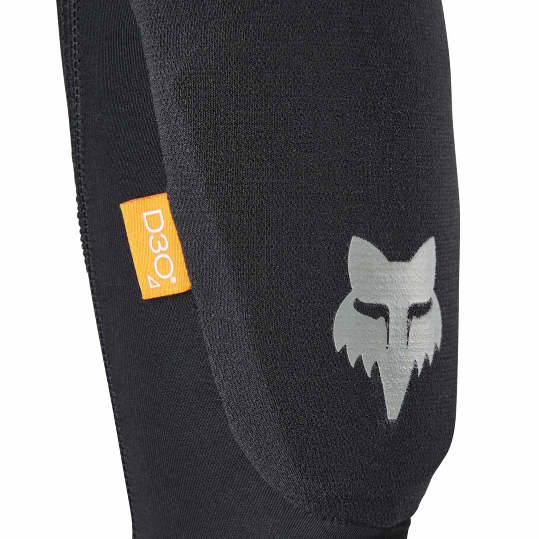 Black elbow pad with a fox logo and D3O label on a white background