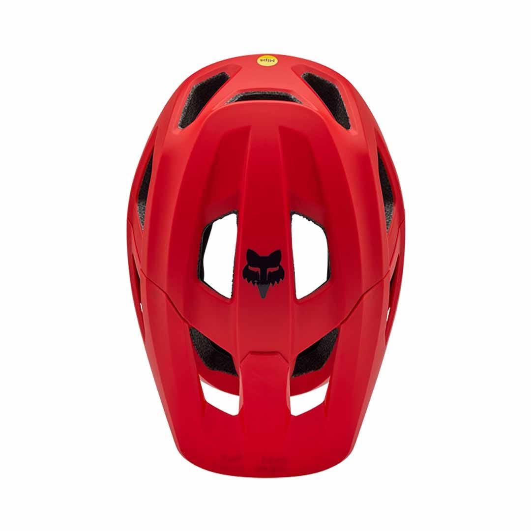 A picture of the fluro red Fox Youth Mainframe mountain bike helmet