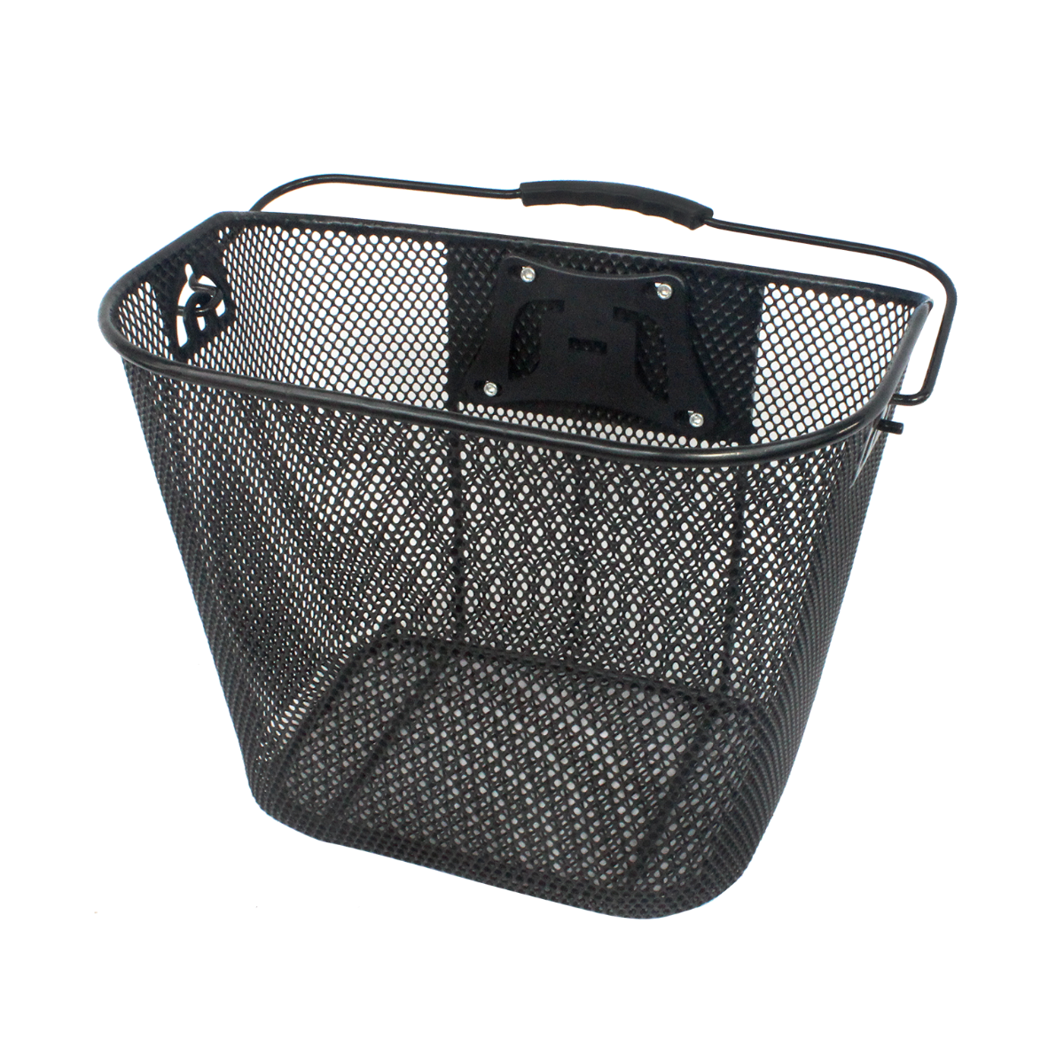 Black mesh front bicycle basket with handle on a white background