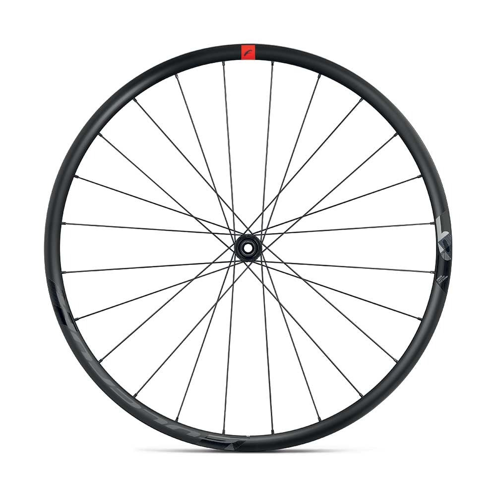 Road Bike wheel with black rim and red hub on a white background