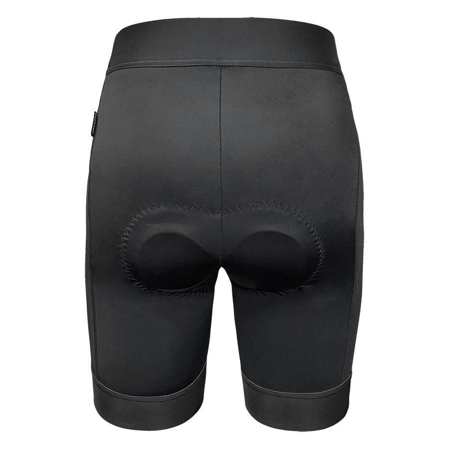 A rear view of black cycling shorts with padding on a white background