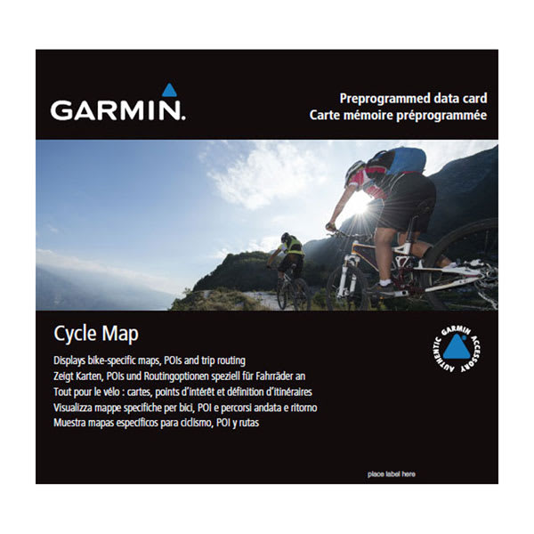 A picture of mountain bikers riding with the Garmin logo in the background