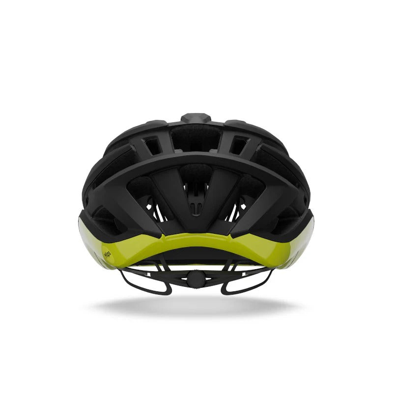 Rear view of a black and yellow road bike helmet on a white background