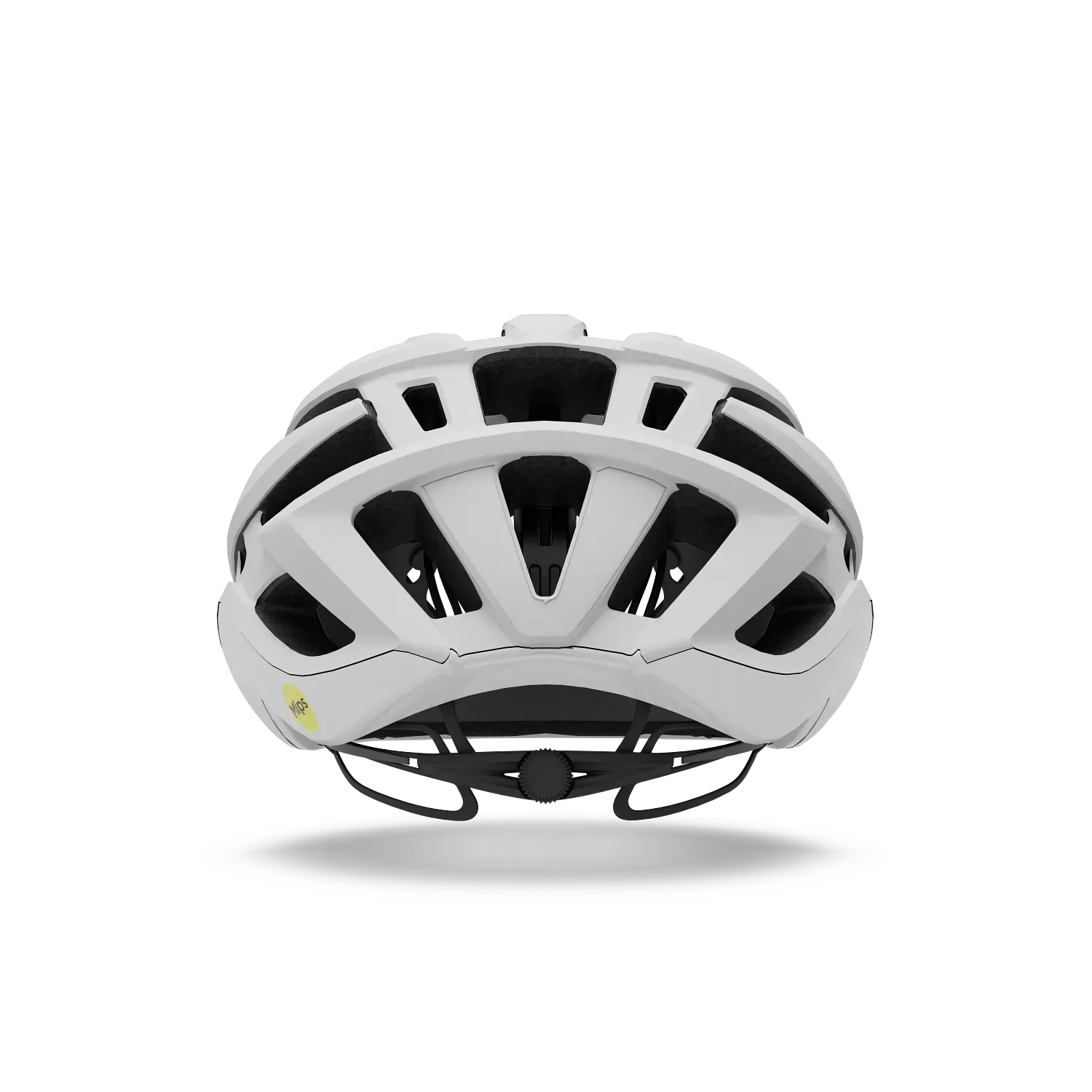 Rear view of a white road bike helmet on a white background