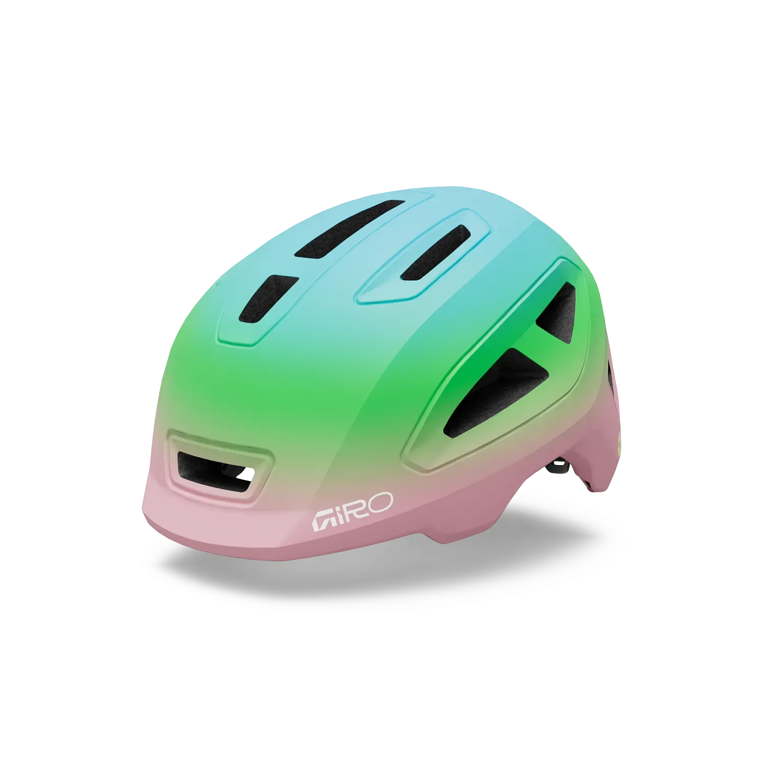 Gradient green to pink helmet with 'Giro' logo on a white background