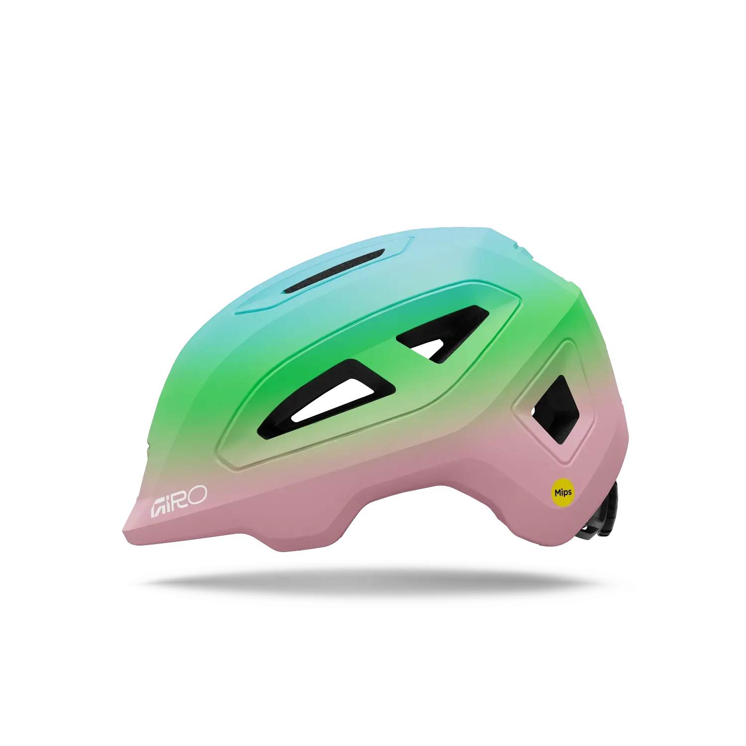 Gradient pink to green bicycle helmet with Giro logo on a white background