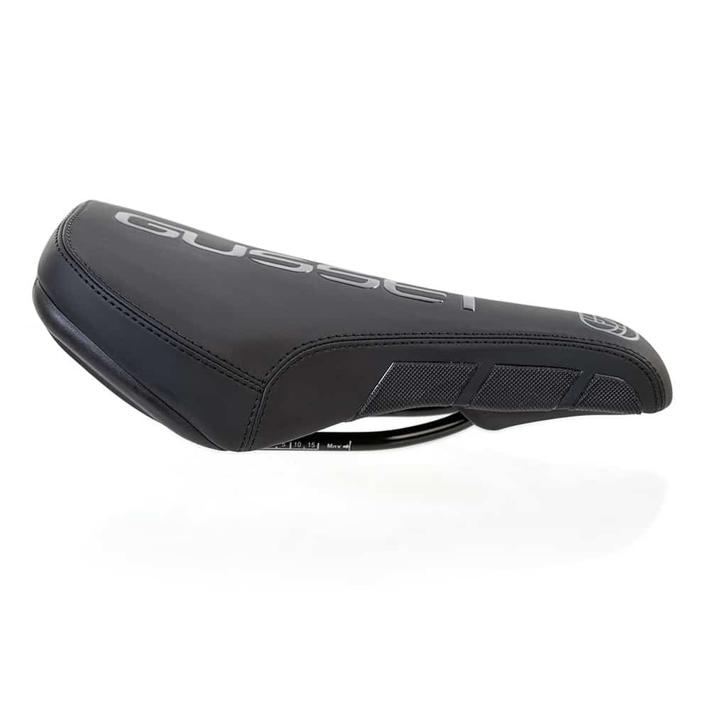 A black Gusset bicycle saddle displayed on a clean white background