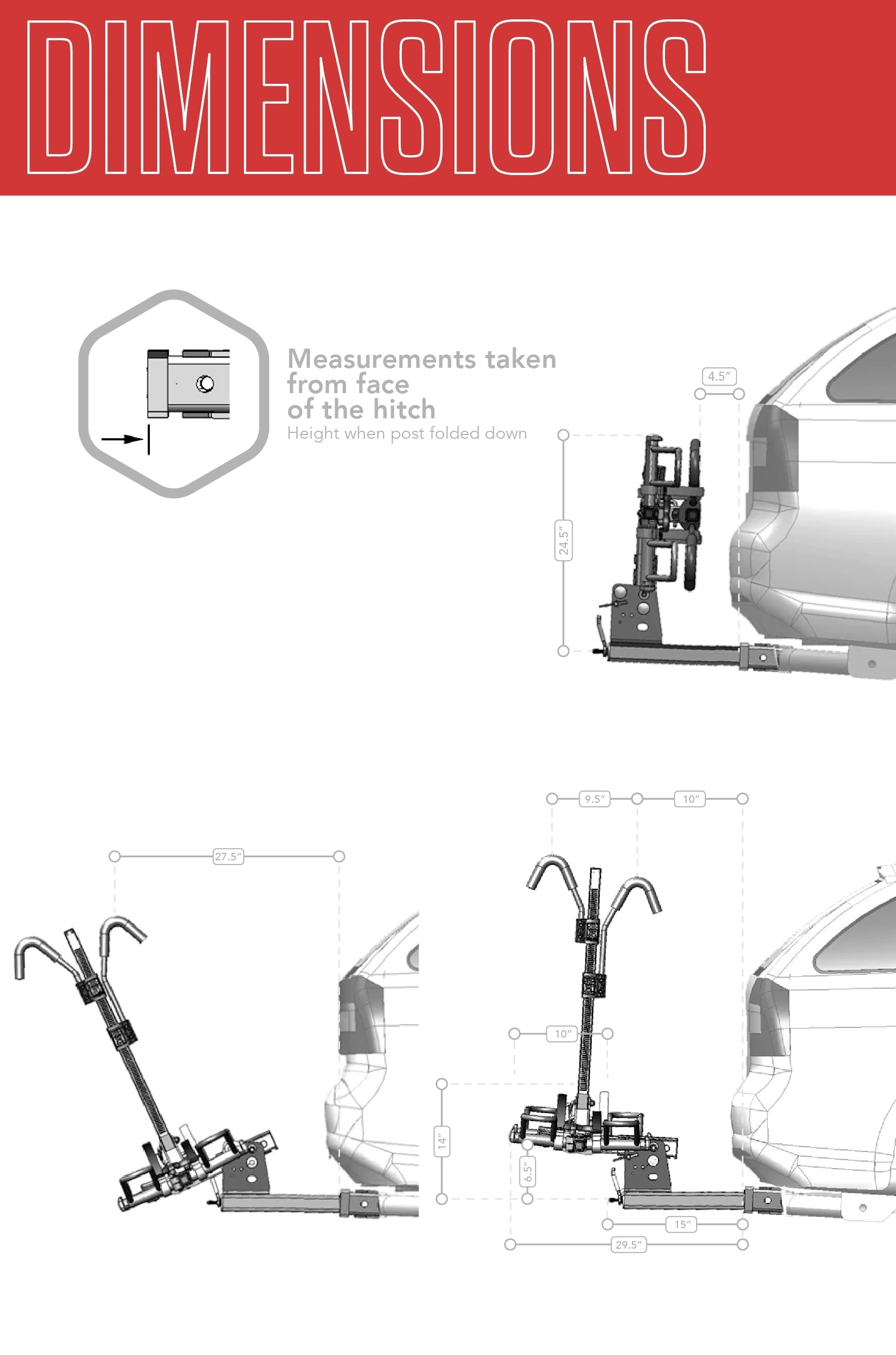 A diagram of the dimensions of the Hollywood Sport Rider Bike Rack