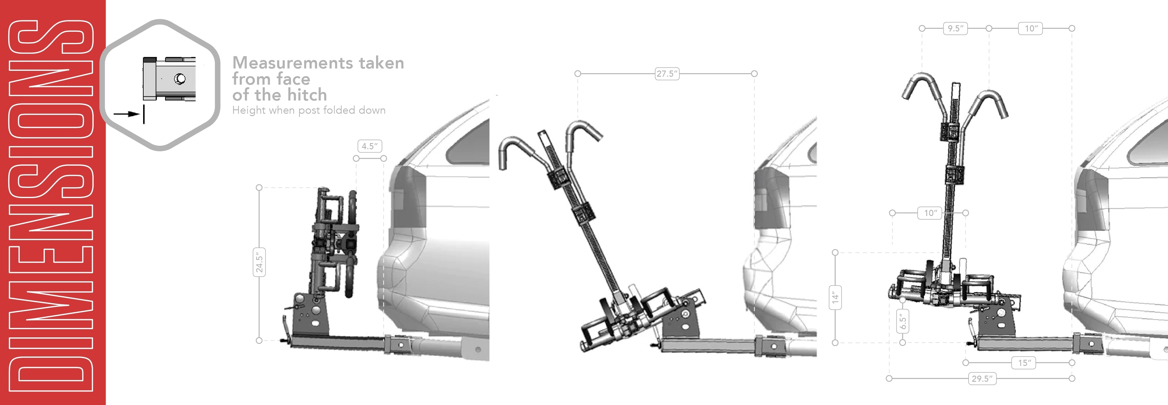 A diagram of the dimensions of the Hollywood Sport Rider Bike Rack